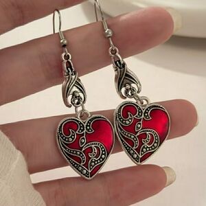 Silver-Tone Red Heart Drop Earrings with Filigree Detail